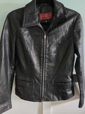 Katiana Couture Black Leather Zip-Front Jacket Tapered Waist Size Medium Runs Sm